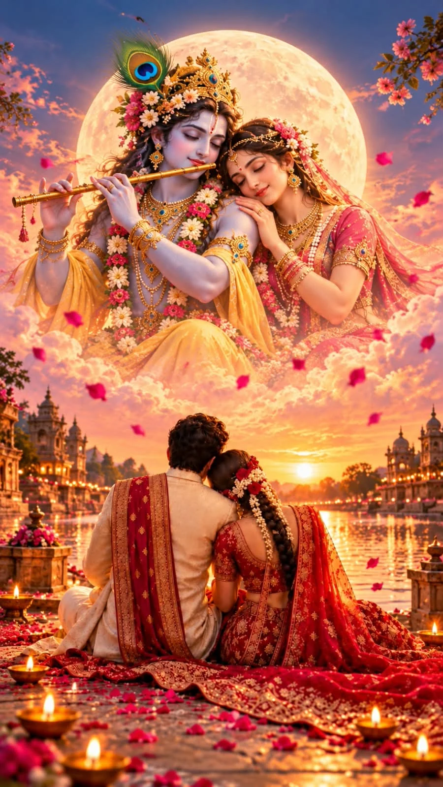 Krishna and Radha in the sky before a full moon above a couple seated together at sunset beside the river, with rose petals and diyas