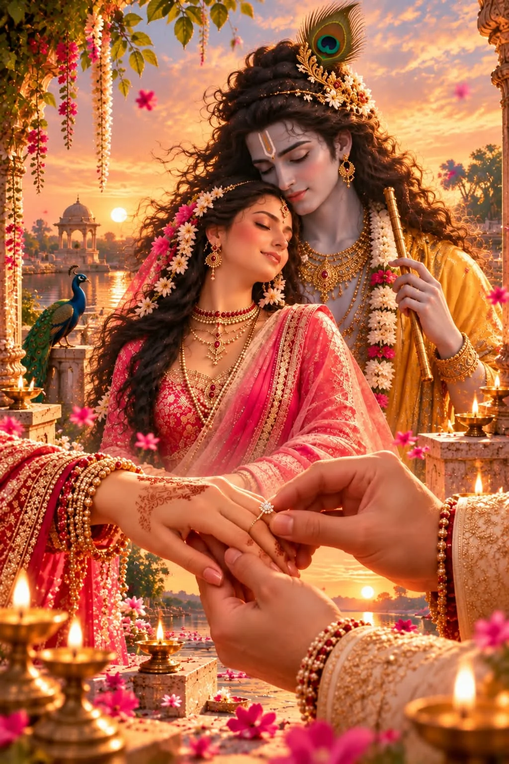 Krishna and Radha in a gentle embrace above the engagement ring ceremony, among pink flowers and diyas