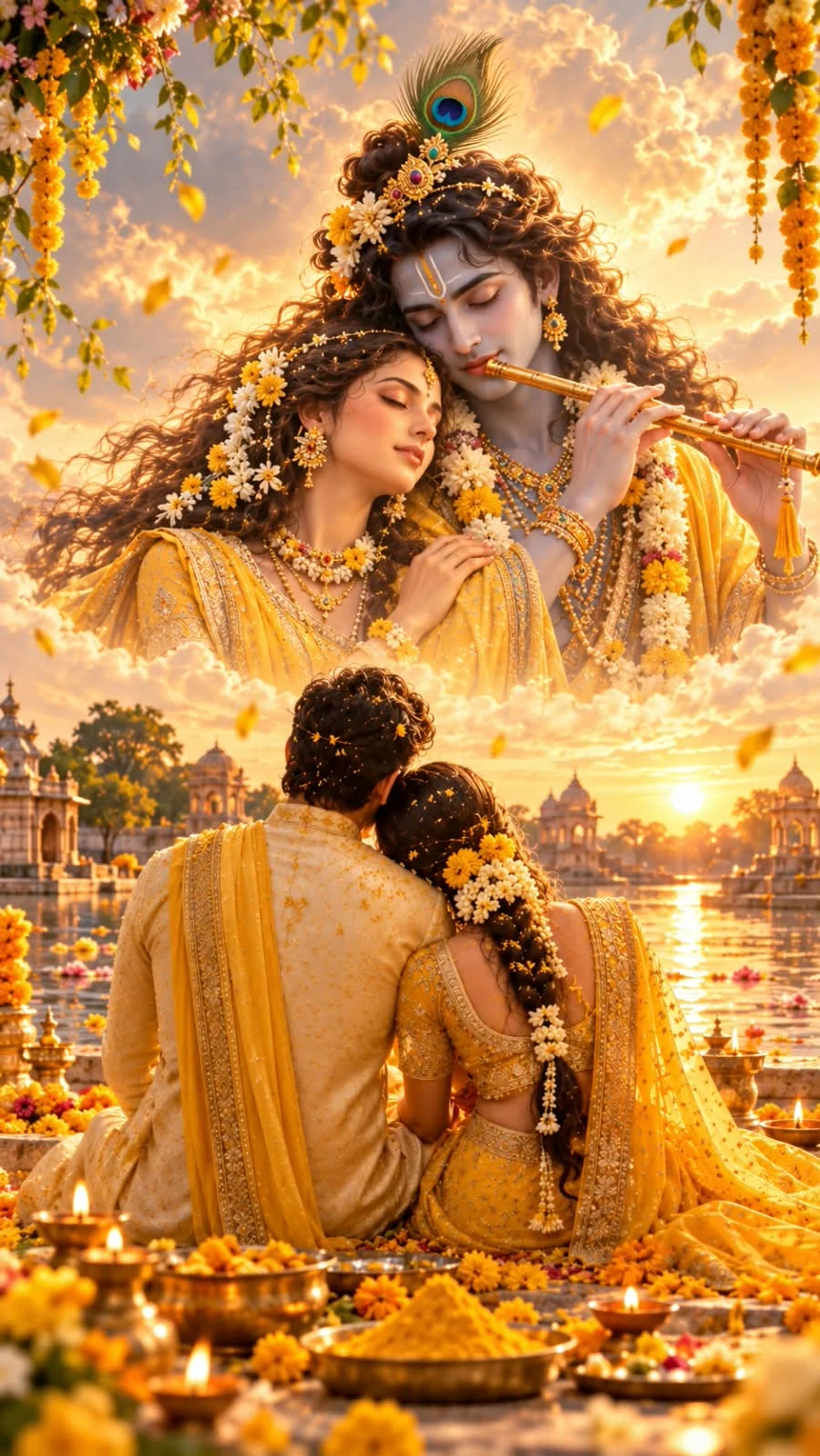 Golden Haldi scene with Krishna playing the flute with Radha above a couple seated among marigolds and diyas
