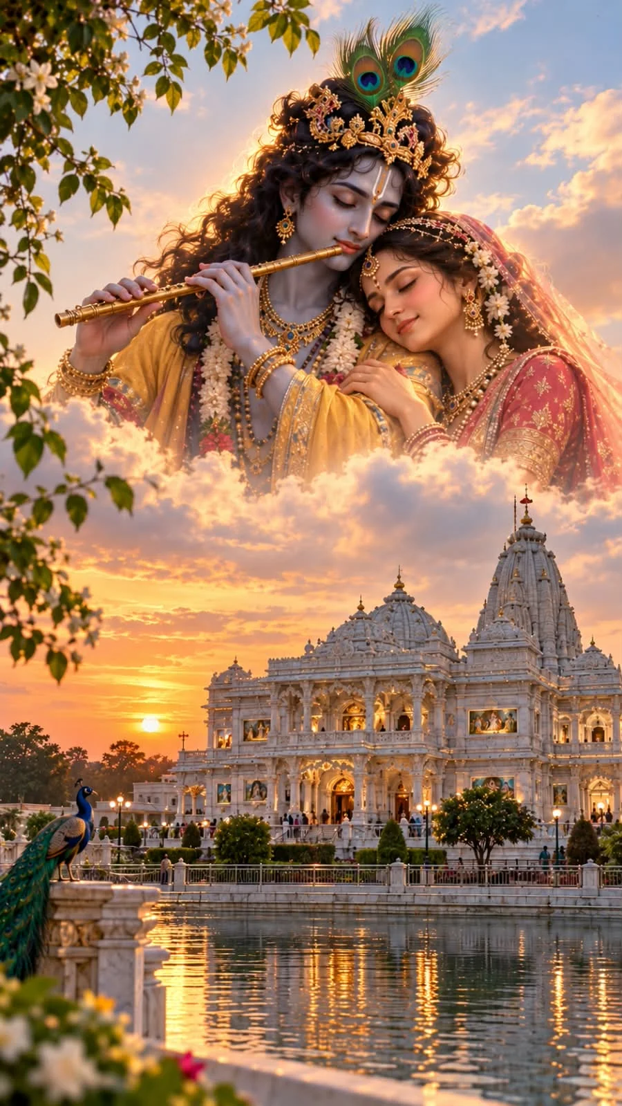 Krishna playing the flute with Radha resting on his shoulder above Prem Mandir in Vrindavan at sunset