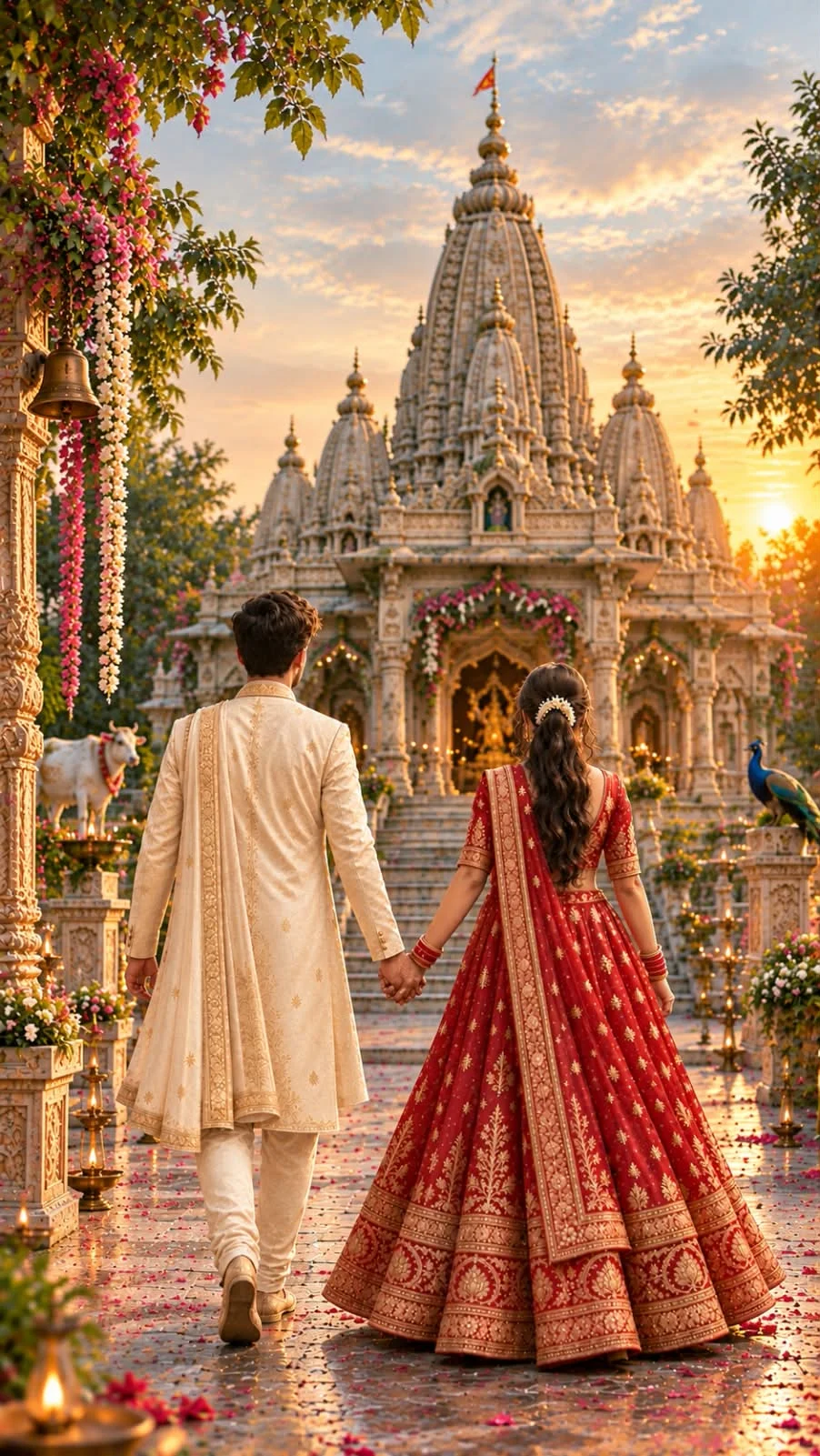 Bride and groom walking hand in hand towards an illuminated temple at sunset